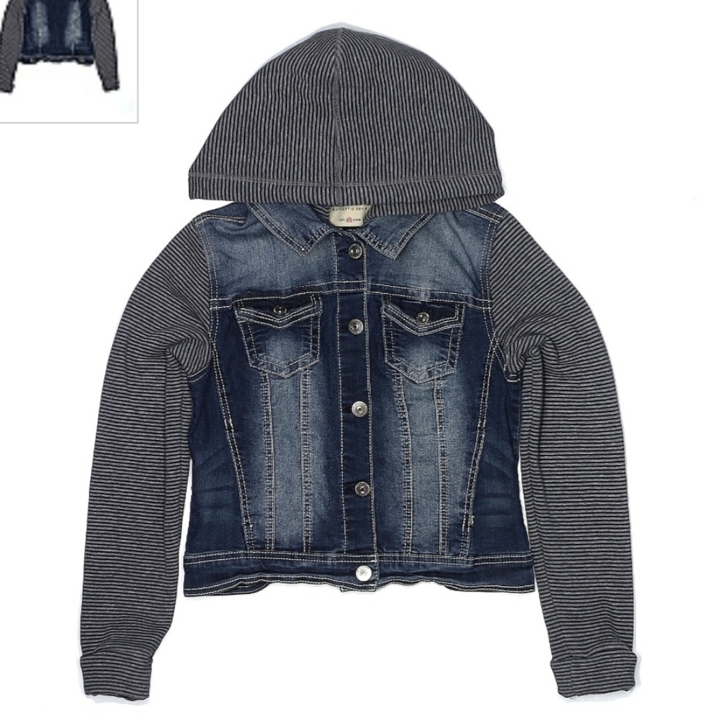 Wallflower Dark Wash Blue Jean Denim Jacket Faux Fur In Hood & Arms Juniors M
